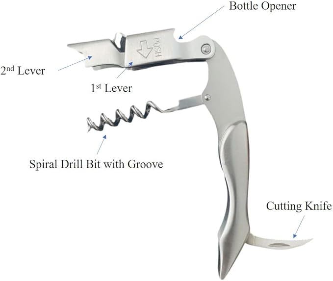 Customized Double-Hinged Waiter Corkscrew Wine Key for Bartenders, Long Pull Tap Handle Wine Bottle Opener and Serrated Foil Cutter for Bar Restaurant Waiters, Sommelier, Bartenders (Stainless Steel)
