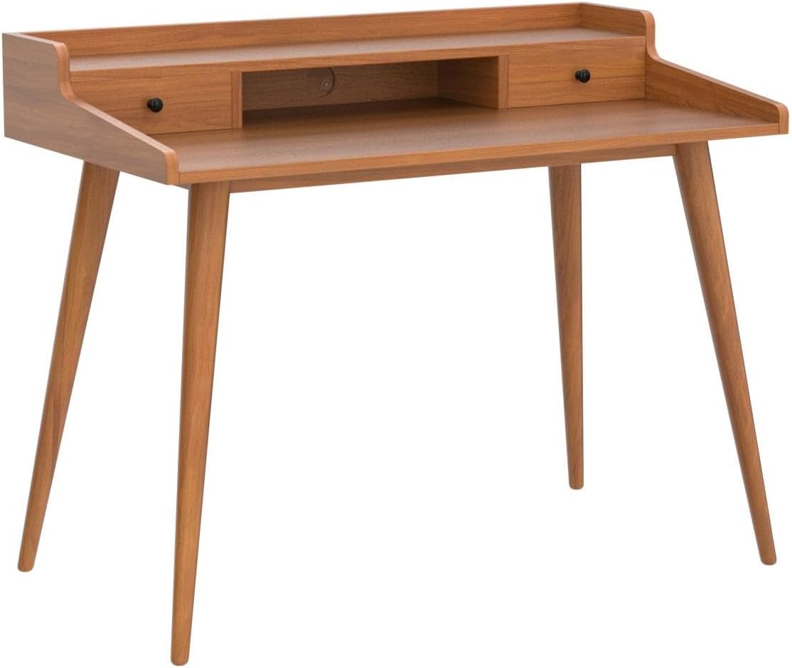 Mid Century Modern Desk, 41" Wood Home Office Writing Computer or Laptop Desk with Monitor Stand Riser and Open Storage Cubby, Vanity Desk with 2 Drawers