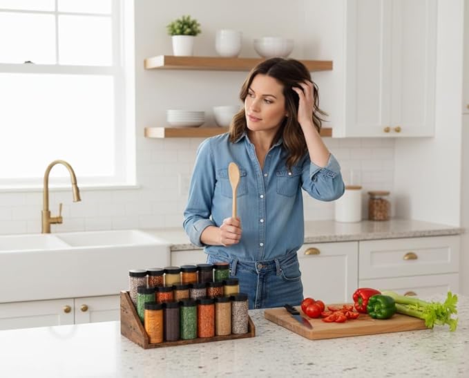 3 Tier Wood Spice Rack Organizer for Cabinet, Super Sturdy Display Riser Shelf Seasoning Organizer for Countertop Pantry Cupboard, Retro Storage Holder for Kitchen Condiment Jar Spice Container