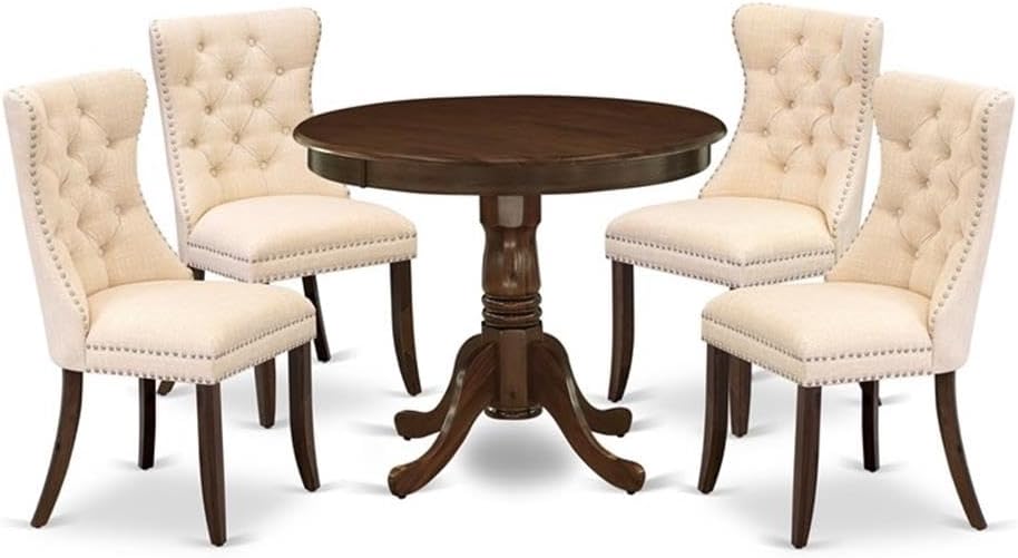East West Furniture ANDA5-AWA-32 5 Piece Dining Room Furniture Set Includes a Round Kitchen Table with Pedestal and 4 Polyester Fabric Padded Chairs, 36x36 Inch, Antique Walnut