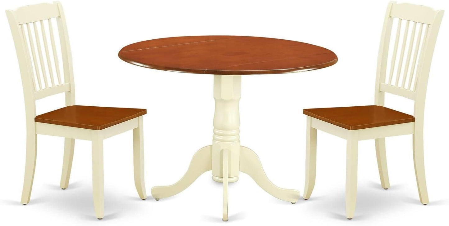 East West Furniture DLDA3-BMK-W 3 Piece Dining Room Furniture Set Contains a Round Dining Table with Dropleaf and 2 Wood Seat Chairs, 42x42 Inch, Buttermilk & Cherry