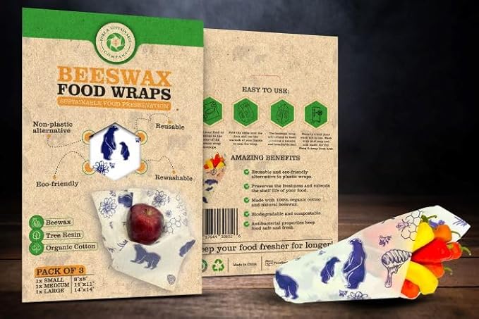 PURE & SUSTAINABLE COMPANY Beeswax Wraps for Food Storage-Pack of 3 Reusable with Organic Cotton - Preserve Fruits, Vegetables, Sandwiches, Snacks, Leftovers. Size S,M,L. Bears Print