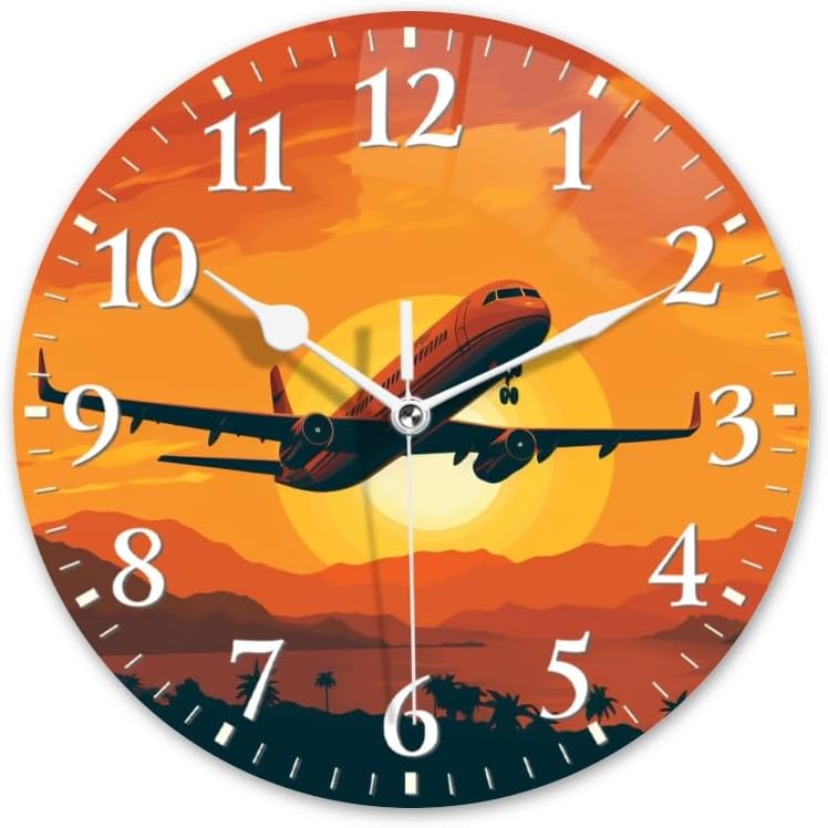 Sunset Wall Clock Non-Ticking Silent Clocks Battery Operated Analog Decor Clock for Home-Illustration of Airplane Flying Over The Sunset(14inch)