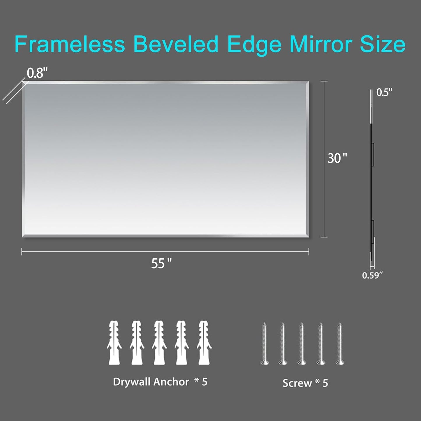 Frameless Beveled Edge Bathroom Mirror 55x30 Inch Rectangle Wall Mirror Explosion Proof and Shatterproof Bathroom Vanity Mirror Wall Mounted Hang Firmly (Horizontal or Vertical)