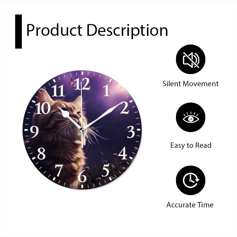 Cat Wall Clock Non-Ticking Silent Clocks Battery Operated Analog Decor Clock for Home-Cute Cat Gazing at Butterflies in The Sky(16inch)