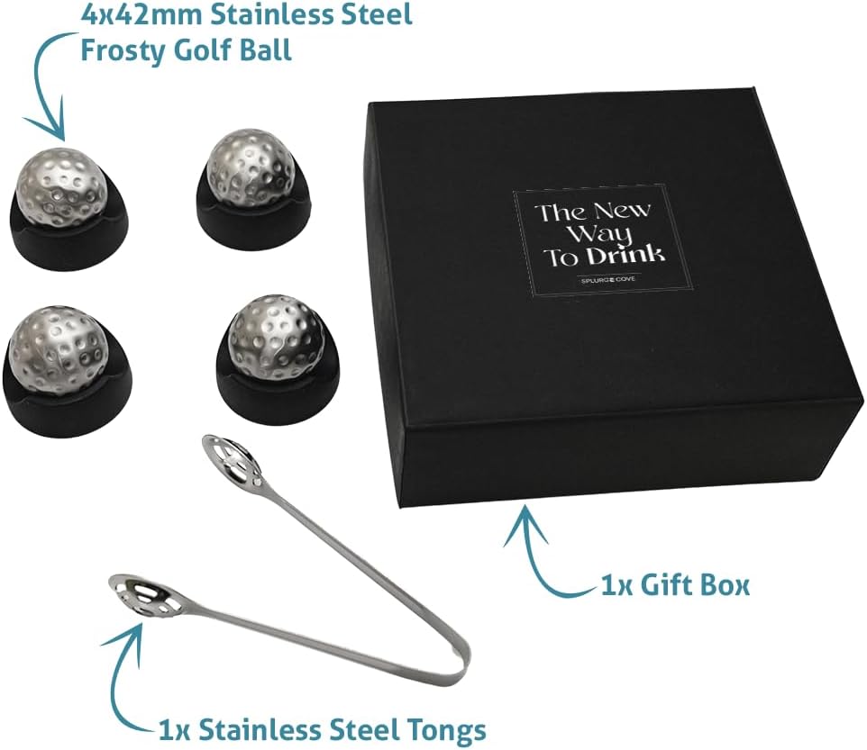 Stainless Steel Golf Ball Whiskey Chillers – Reusable Non-Diluting Ice Cubes for Whiskey, Cocktails & Wine – Set of 4
