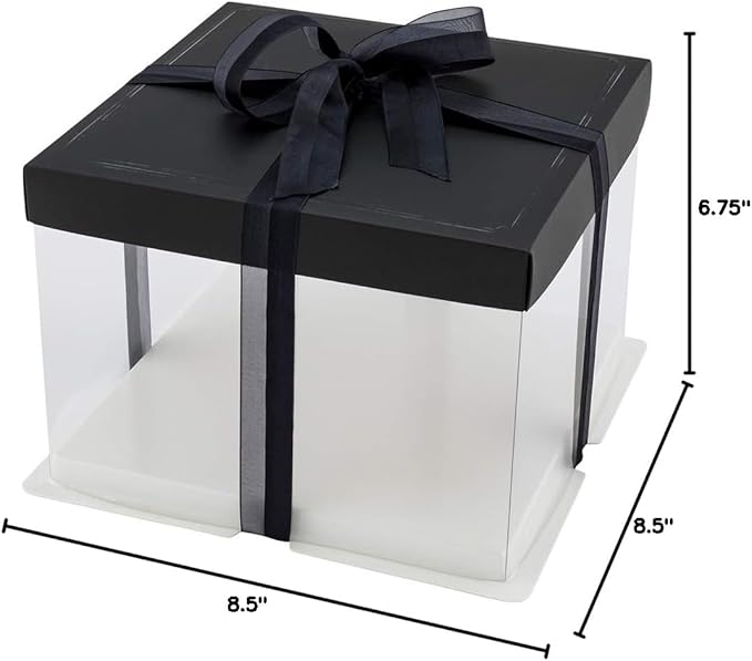 Sweet Vision Square Clear Plastic Cake Box - Black Lid and White Base, Black Ribbon - 8 1/2" x 8 1/2" x 6 3/4" - 10 count box