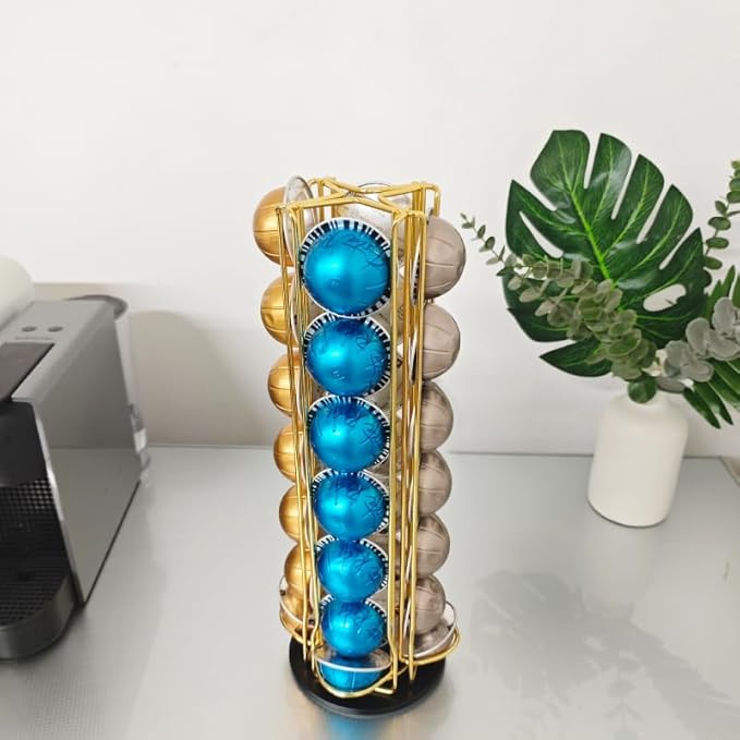 Vertuo Pod Holder Carousel Stand for 28 Nespresso Vertuo Capsule Storage Organizer with Extra Space for Coffee Mate Silent Rolling，Gold