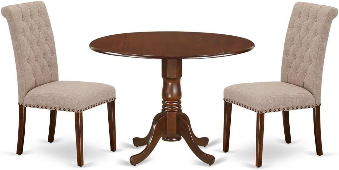 East West Furniture DLBR3-MAH-04 3 Piece Dining Room Furniture Set Contains a Round Dining Table with Dropleaf and 2 Light Tan Linen Fabric Parsons Chairs, 42x42 Inch, Mahogany