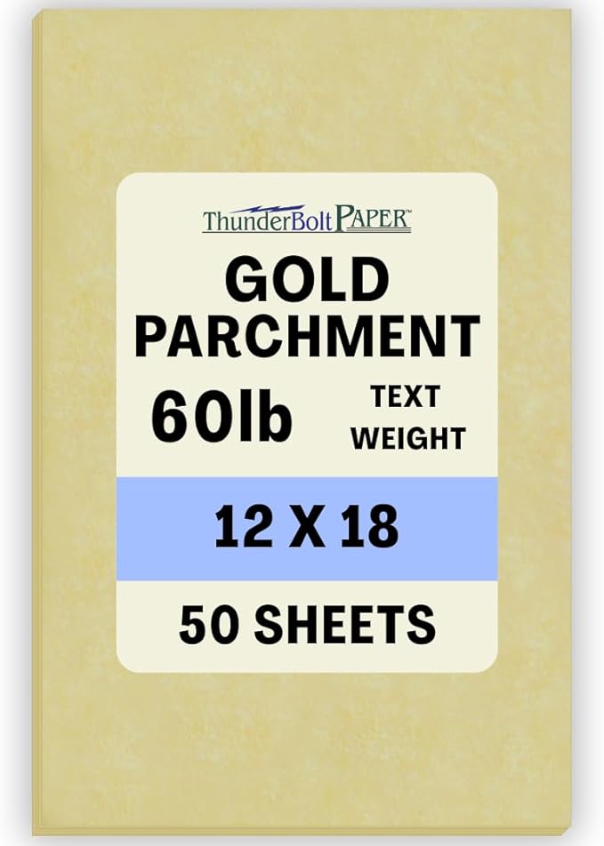50 Gold Parchment 60# Text (=24# Bond) Paper Sheets - 12" X 18" (12X18 Inches) Large|Poster Size - 60 Pound is Not Card Weight - Vintage Colored Old Parchment Semblance