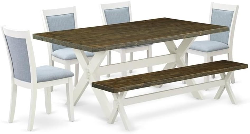 East West Furniture X077MZ015-6 6 Piece Dining Table Set Contains a Rectangle Kitchen Table with X-Legs and 4 Baby Blue Linen Fabric Upholstered Chairs with a Bench, 40x72 Inch, Multi-Color