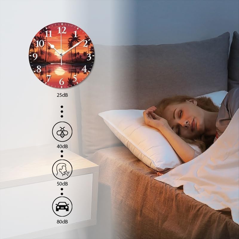 Sunset Wall Clock Non-Ticking Silent Clocks Battery Operated Analog Decor Clock for Home-Sunset with Palm Trees and Reflections On The Water(16inch)