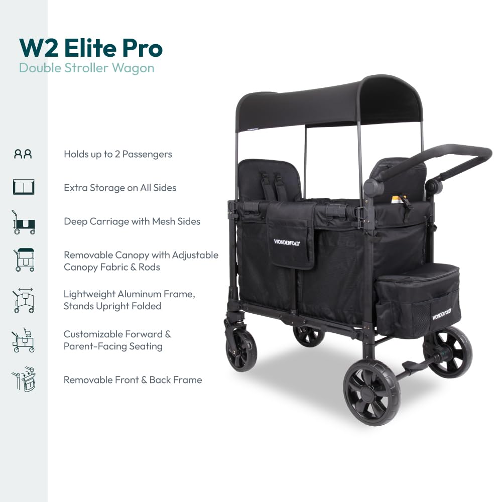 WonderFold W2 Elite Pro Stroller Wagon - Foldable Wagon with Aluminum Frame - Adjustable Canopy & Push Handle - All-Terrain Wheels - for Babies, Toddlers & Kids - 4 Seater - Gray