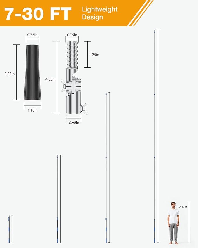 Telescoping Pole, 7-30 Ft with Joint Angle & Squeegee Adaptor, Aluminum Telescopic Paint Roller Extension Pole & Extendable Pole, Anti-Slip Foam Grip, Multi-Purpose Gutter Window Dust Cleaning Pole