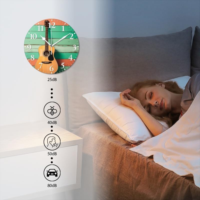 Guitar Wall Clock Non-Ticking Silent Clocks Battery Operated Analog Decor Clock for Home-Acoustic Guitar Leaning Against Wooden Wall(12inch)