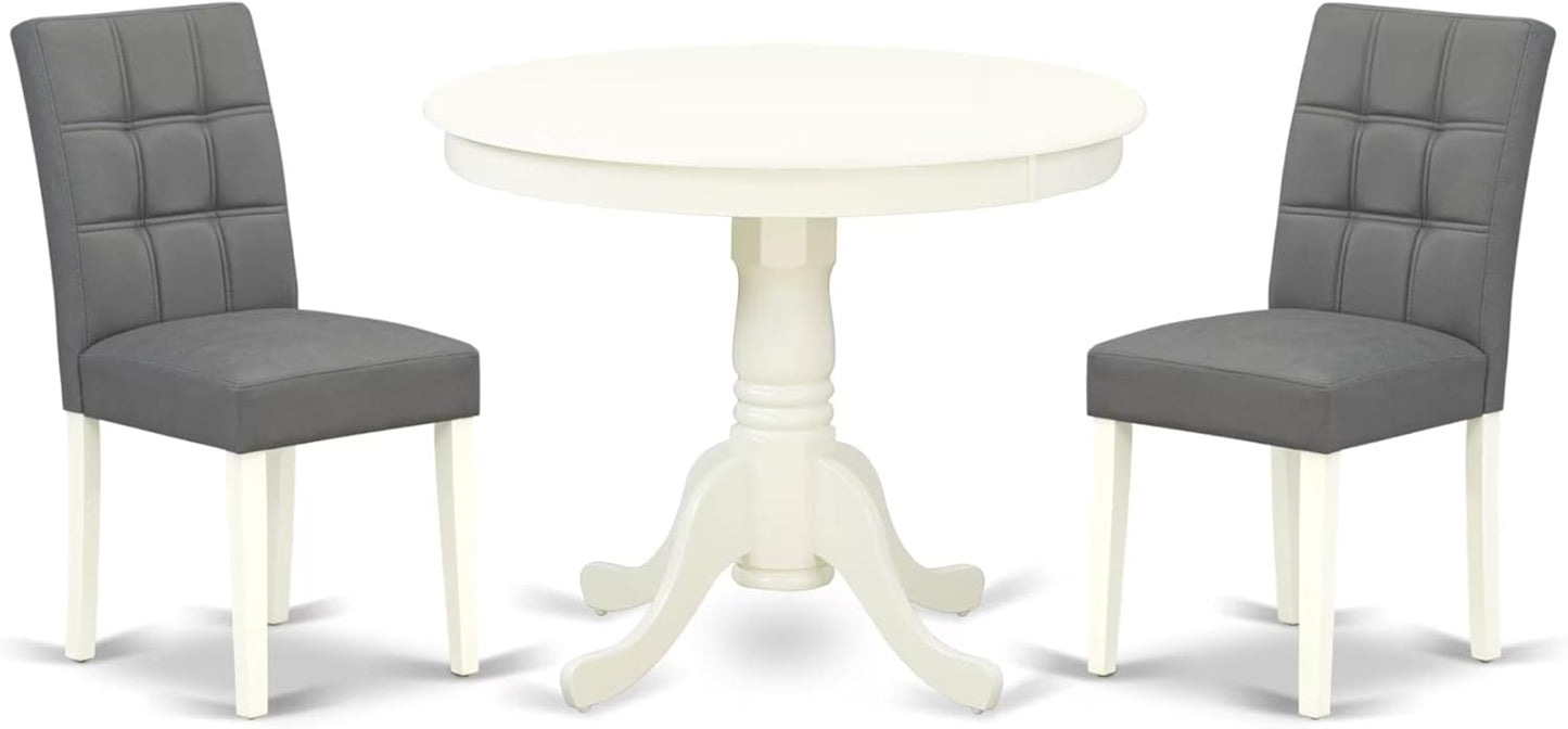 East West Furniture ANAS3-LWH-41 3 Piece Kitchen Table Set consists A Wooden Table and 2 Platinum Gray Polyester Fabric Person Chairs with Stylish Back- Linen White Finish