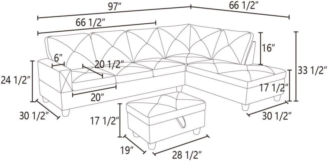 Grey L-Shaped 3-Piece Linen Sofa with Storage Ottoman Set, Sectional Couch Sofa Set for Living Room, Office, Small Space