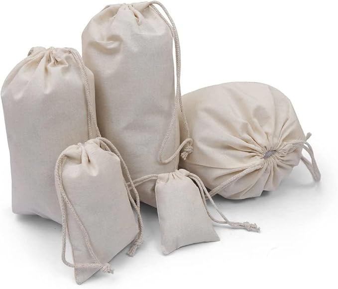 100Pcs 5 x 8 Inches Premium Cotton Muslin Double Drawstring Bags, Reusable Bag Natural Cotton Bags with Drawstring Produce Bags Bulk Gift Bag Jewelry Pouch for Party Wedding Home Storage