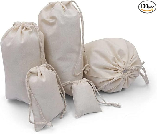 100Pcs 5 x 7 Inches Premium Cotton Muslin Double Drawstring Bags, Reusable Bag Natural Cotton Bags with Drawstring Produce Bags Bulk Gift Bag Jewelry Pouch for Party Wedding Home Storage