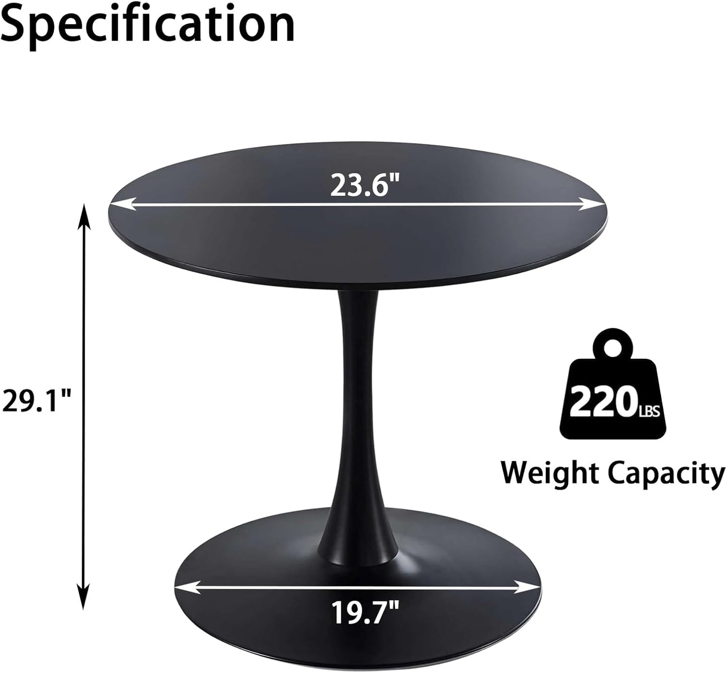 Black Round Dining Table, 24 Inches Tulip Round Kitchen Table, Mid-Century Leisure Table for Small Places, Dining Room, Living Room, Cafe