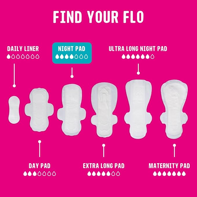 Flo - Night Menstrual Pads (14 Pack) - Heavy Flow - Leak Locking - Winged + Ultra-Thin - Natural, Absorbent, Soft, & Breathable - Bamboo Period Pads for Women - Plant Based - Vegan & Cruelty Free