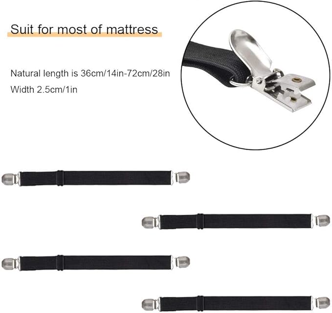 4Pcs Adjustable Bed Sheet Straps Clips, Elastic Mattress Sheet Fasteners Holder and Suspenders, Grippers to Hold Sheet, Mattress, Sofa, Couch, Table Cloth, Recliner Ironing Board Cover and More