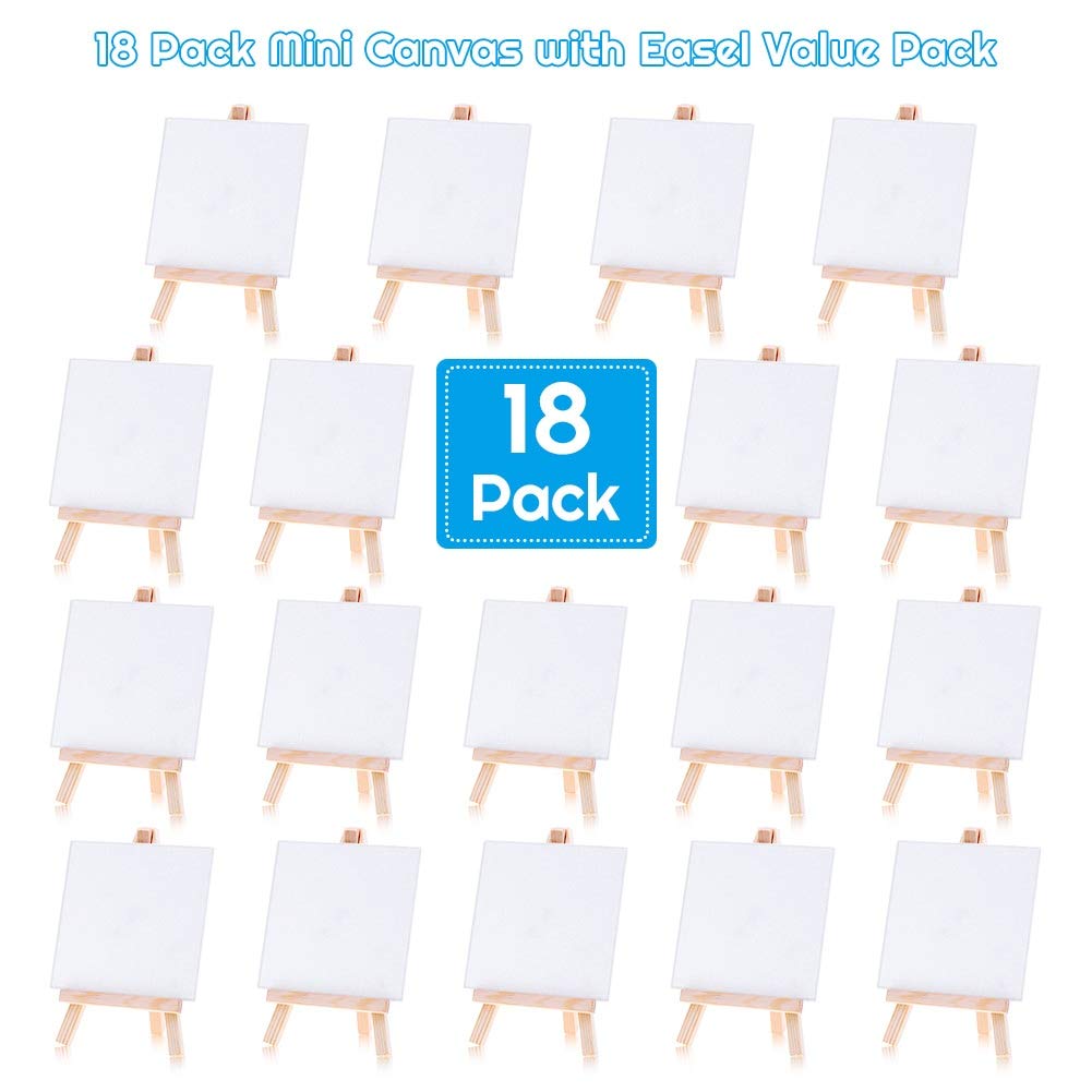 Mini Canvases 18 Pack, Cridoz Small Painting Canvas with Mini Easel 4x4 Inches Art Canvases Painting Kit for Adult Acrylic Pouring Oil Water Color