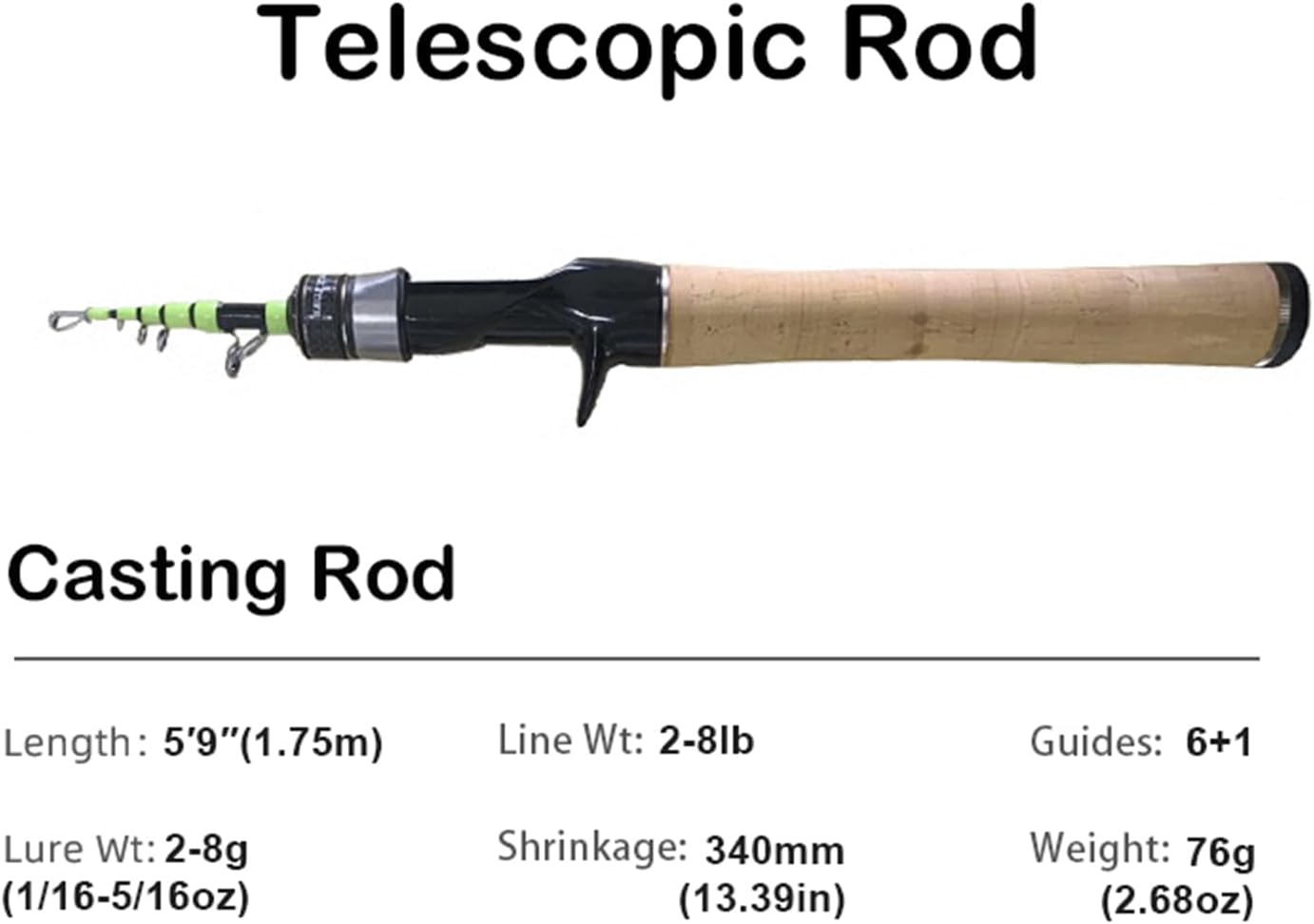 PURELURE Fishing Rod Telescopic, Carbon Fiber Spinning Casting Travel Rod, Spare Solid Carbon Tip, 3A Cork Handle, ABS Metal Reel Seat, Floating Guide Ultralight Portable Fishing Pole