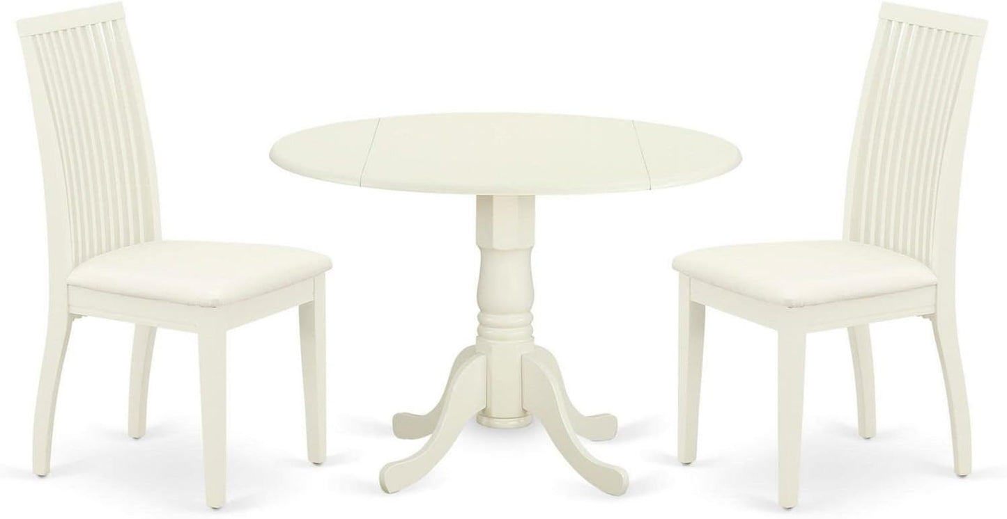East West Furniture DLIP3-WHI-C 3 Piece Kitchen Table Set for Small Spaces Contains a Round Dining Table with Dropleaf and 2 Linen Fabric Dining Room Chairs, 42x42 Inch, Linen White