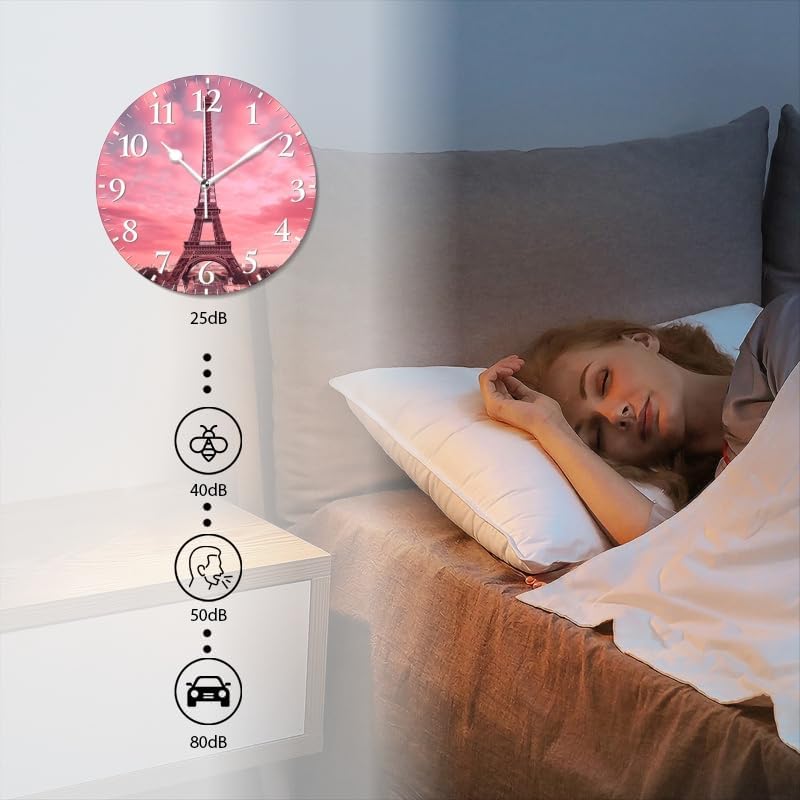 Paris Wall Clock Non-Ticking Silent Clocks Battery Operated Analog Decor Clock for Home-Eiffel Tower with Pink Sky and Pink Clouds(10inch)