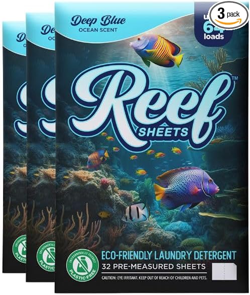 Reef Sheets Laundry Detergent Sheets, 192 loads, Hypoallergenic & Plastic-Free Eco-Friendly Packaging, Gentle on Skin, Tough on Stains, Travel-Friendly, Deep Blue Ocean Scent, 32ct (3 Pack)