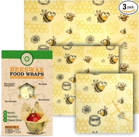 Pure & Sustainable Company® Beeswax Wraps – 3 Pack Reusable Food Storage (8x8, 11x11, 14x14) – Eco Friendly Plastic Wrap Alternative – Washable, Zero Waste – Bee Pattern