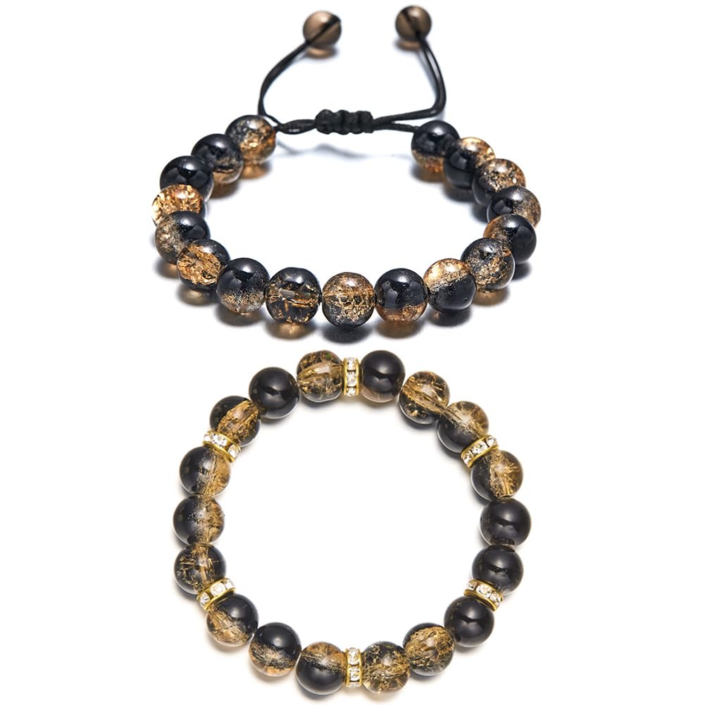 LANG XUAN Beaded Stretch Bracelets for Women Men Healing Crystal Stone Bracelet Bead Adjustable Unisex Gemstones Bracelets 10MM Weave Jewelry Gifts (2pcs Black brown)