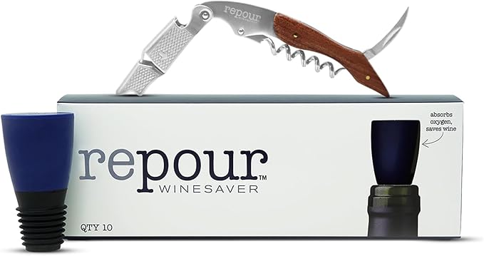 Repour Wine Essentials Combo Pack – Premium Corkscrew & Wine Saver | Manual Wine Key Removes Corks Easily, Wine Stopper Preserves Wine Easily|Perfect for Wine Lovers and Enthusiasts (Rosewood 10 Pack)