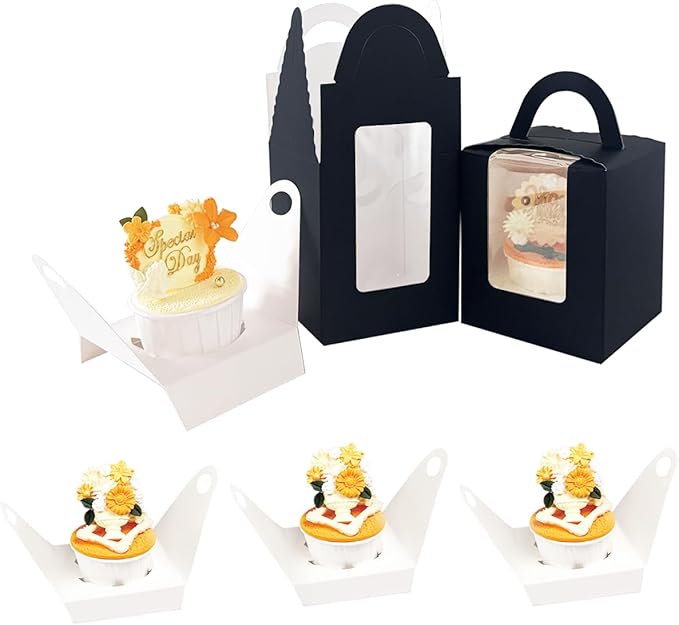Bakepacker Auto-pop up Individual Cupcake Boxes with Window 25 Count Black Single Cupcakes Box 3.7 x 3.7 x 4.3inch Cupcake Carrier