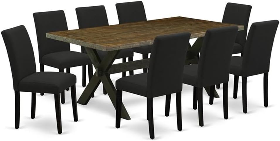 East West Furniture X677AB624-9 9 Piece Dining Table Set Includes a Rectangle Kitchen Table with X-Legs and 8 Black Color Linen Fabric Parson Dining Room Chairs, 40x72 Inch, Multi-Color