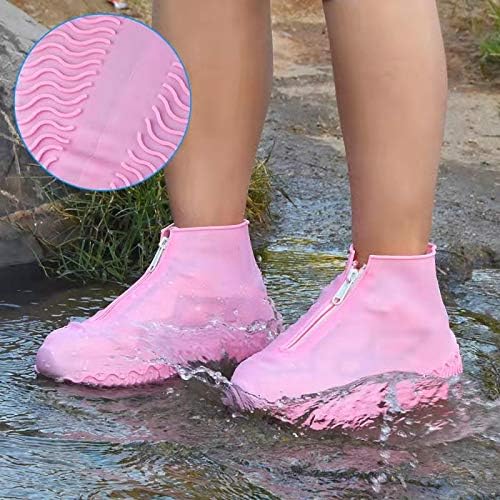 Waterproof Shoe Covers, Silicone Reusable Shoe Cover Non-slip Durable Zipper Elastic Rain Cover Protection for Men Women (M (Women 5-7, Men 5-6), Pink)