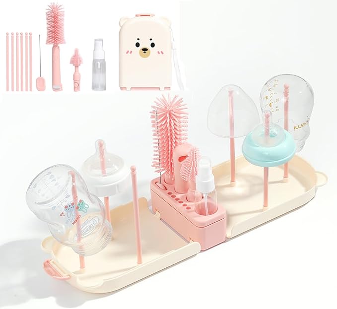 6 In1 Baby Bottle Brush Kit,Portable Silicone Bottle Brush Cleaner Set with Straw Brush,Nipple Brush,Drying Rack,Soap Dispenser,Storage Bag for Travel or Home,Stocking Stuffer(Pink)