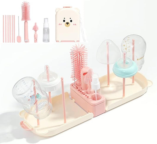 6 In1 Baby Bottle Brush Kit,Portable Silicone Bottle Brush Cleaner Set with Straw Brush,Nipple Brush,Drying Rack,Soap Dispenser,Storage Bag for Travel or Home,Stocking Stuffer(Pink)
