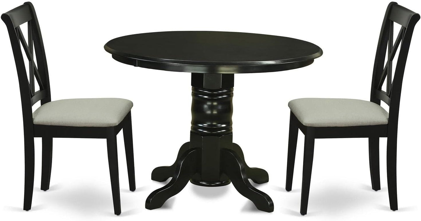 East West Furniture SHCL3-BLK-C 3 Piece Modern Dining Table Set Contains a Round Kitchen Table with Pedestal and 2 Linen Fabric Kitchen Dining Chairs, 42x42 Inch, Black