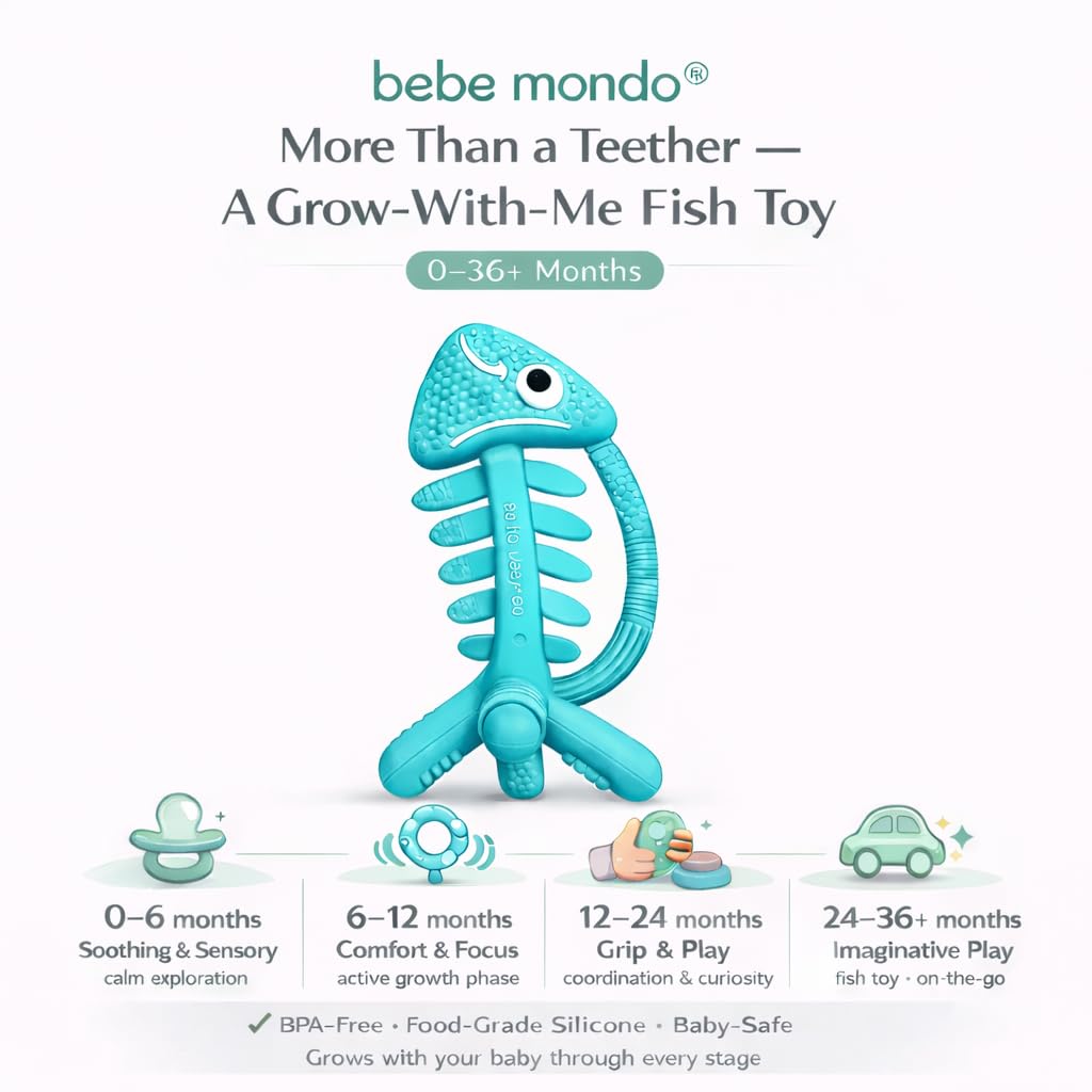 3 in 1 Infant Toys, Baby Teething Toys 3–6 6–12 Months, Teethers for Babies 0–3–6–12 Months for Teething Relief, Baby Gift, Baby Teether Toys, Silicone Sensory Toys,USA Patent Pending, Fish Turquoise