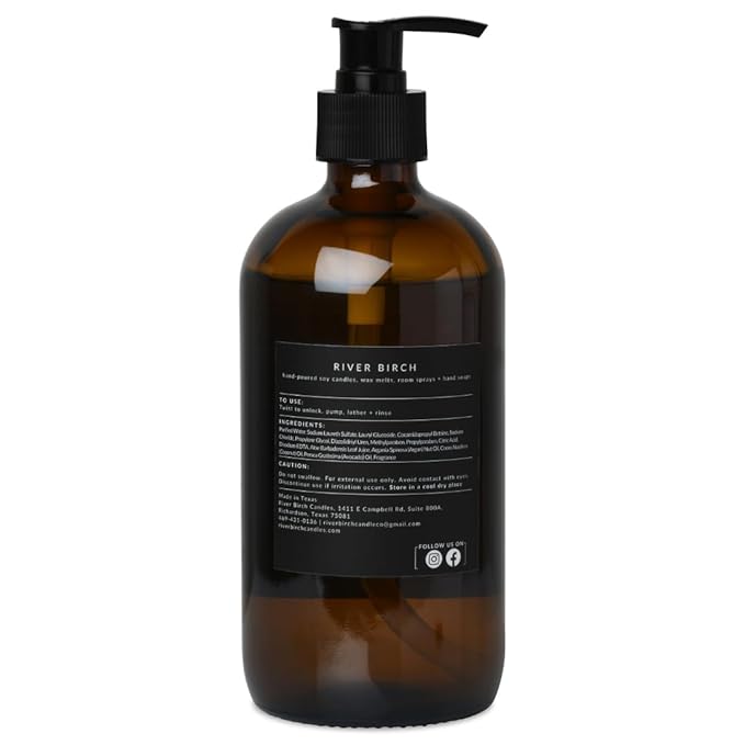 River Birch Fraser Fir Scented Natural Hand Soap - Handmade Soap - Moisturizing Hand Wash with Amber Glass Dispenser - Luxury Scented Hydrating Hand Soap - Vegan and Non-Toxic -16 Fl Oz