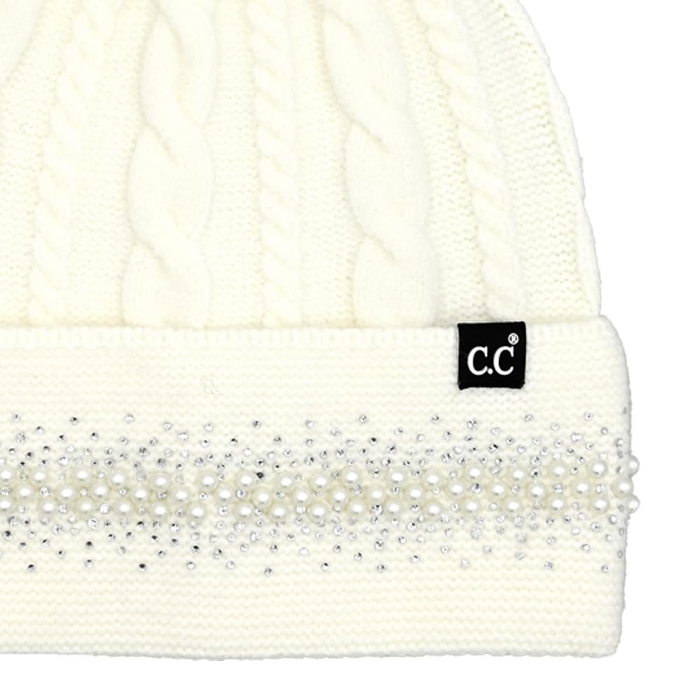 C.C Pearl Rhinestone Embellishment Beanie with Fur Pom for Women - Wool Stretchable Soft Warm with Faux Fur Pom Knit Winter Skully Hat