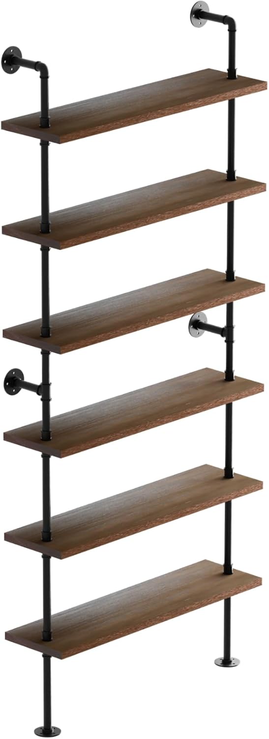6 Tier Industrial Ladder Shelf Bookcase, Wall Mounted Rustic Bookshelf for Living Room Decor and Storage (Walnut Color, 6 Tier - 10" D x 48" W x 82.5" H)