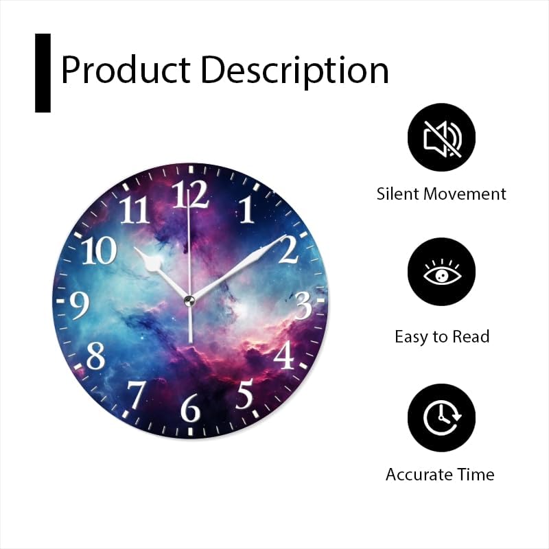 Nebula Wall Clock Non-Ticking Silent Clocks Battery Operated Analog Decor Clock for Home-Amazing Nebula with Blue and Purple Colors(10inch)