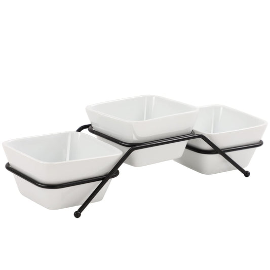 Buyajuju 3 pcs square bowl Porcelain Chip & Dip Serving Set with Black Metal Stand, 4.5inch White Small Serving Bowls for Side Dishes, Salsa, Appetizer, Serving Dishes for Entertaining 11.5 OZ