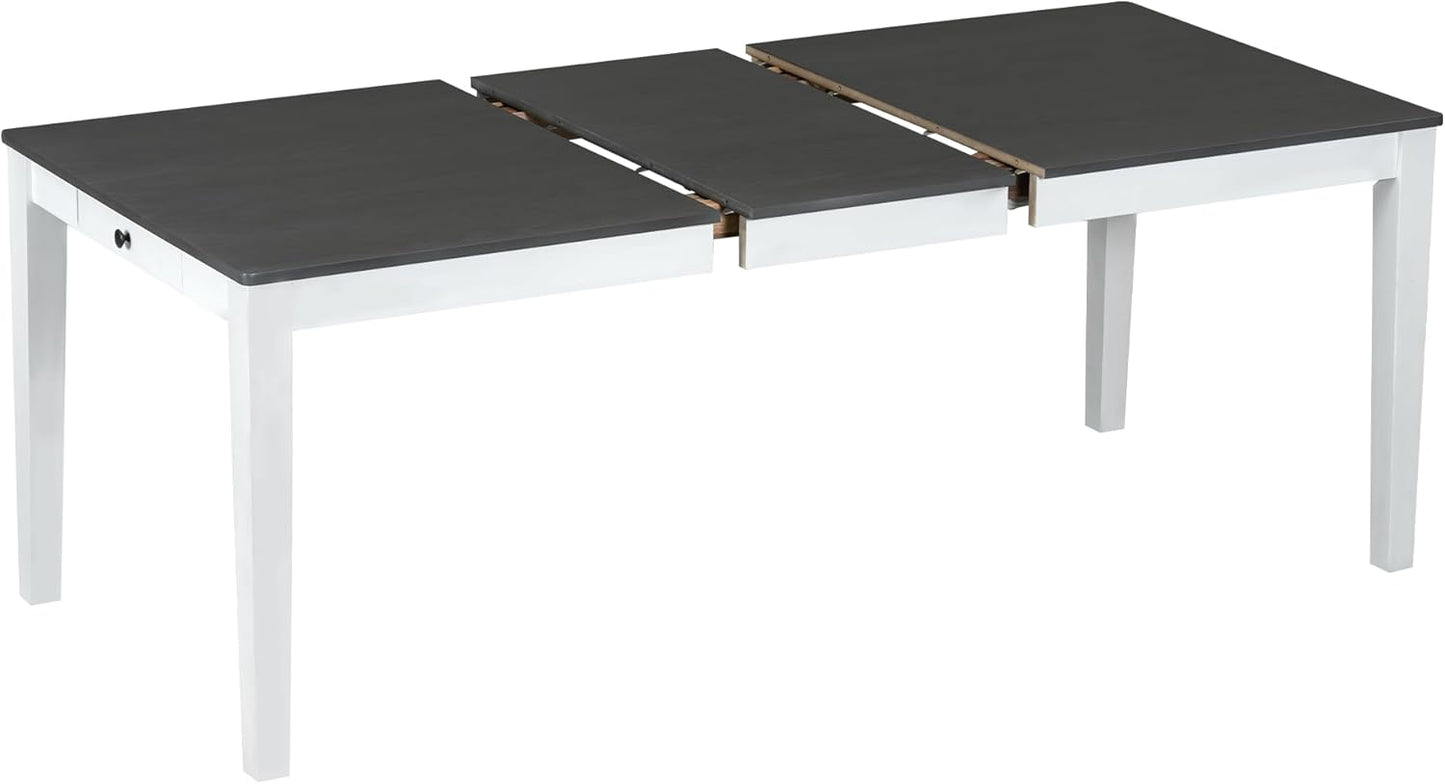 Merax Rustic 7 Piece 78.1inch Extendable Dining Table Set with 18inch Removable Leaf, 6 Upholstered Dining Chairs, 2 Built-in Drawers, Dark Gray+White