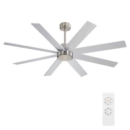 WINGBO 60" Large DC Ceiling Fans without Lights, 3 Downrods, 8 Plywood Blades, 6-Speeds Reversible DC Motor, Indoor Ceiling Fan No Lights for Bedroom Living Room Patio, Brushed Nickel and Silver