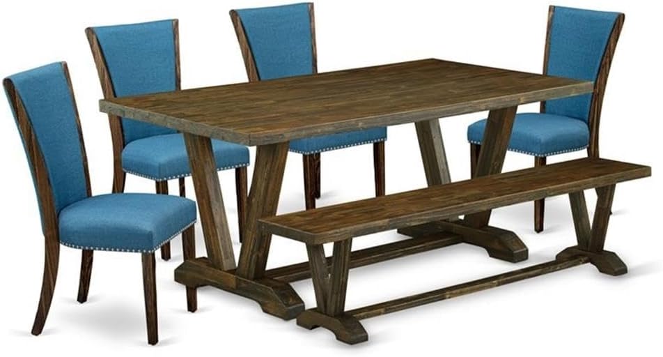East West Furniture V777VE721-6 6 Piece Dining Table Set Contains a Rectangle Dining Room Table with V-Legs and 4 Blue Color Linen Fabric Parson Chairs with a Bench, 40x72 Inch, Multi-Color