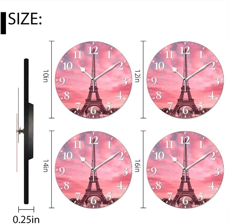 Paris Wall Clock Non-Ticking Silent Clocks Battery Operated Analog Decor Clock for Home-Eiffel Tower with Pink Sky and Pink Clouds(12inch)